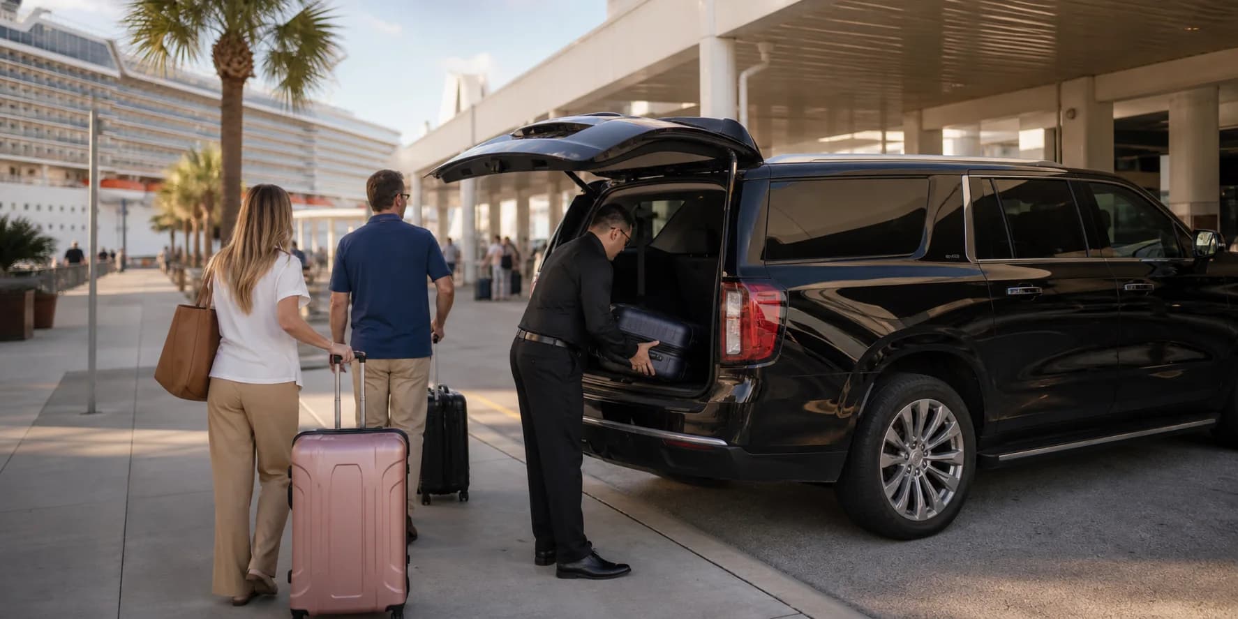 Black luxury transportation near a port transfer setting