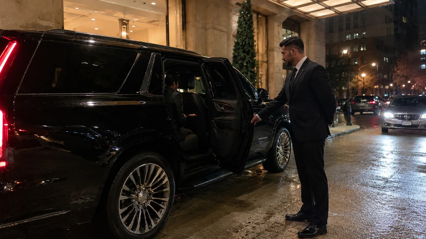 Prestige chauffeur opening a black luxury SUV at an evening curbside