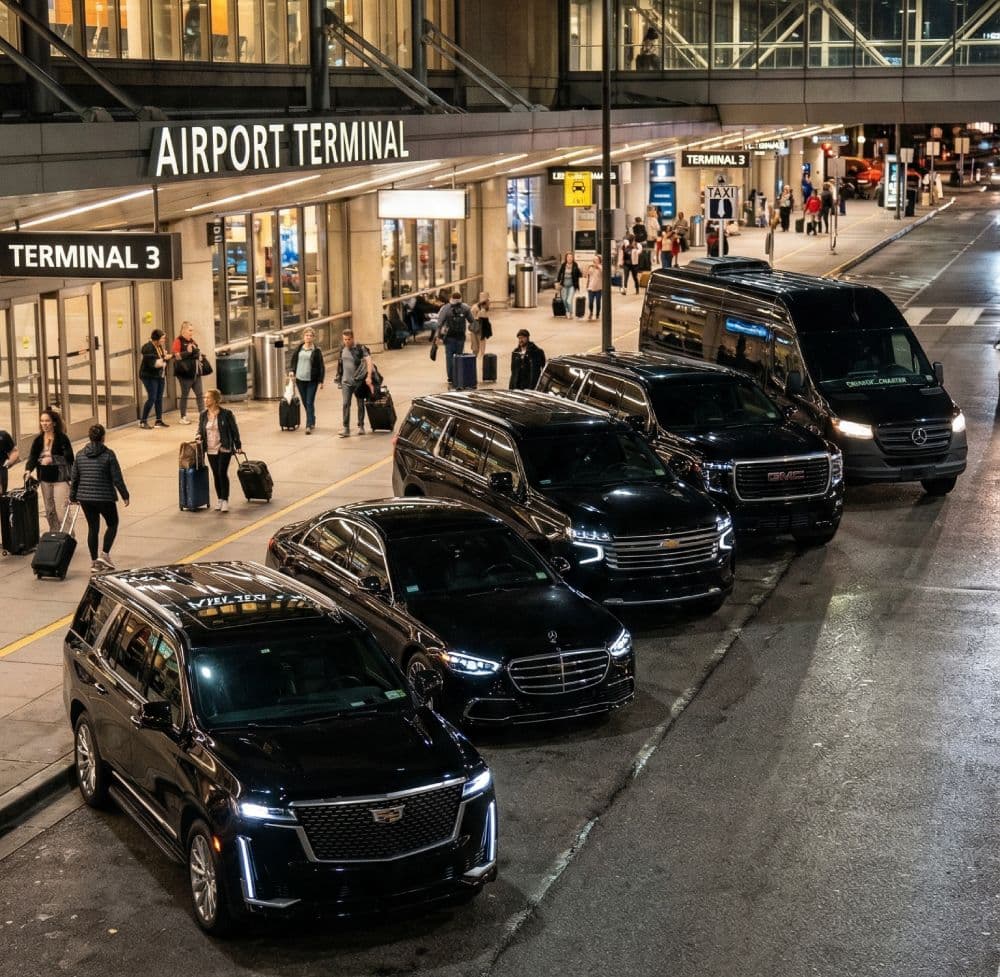 Black luxury vehicles lined up outside an airport terminal