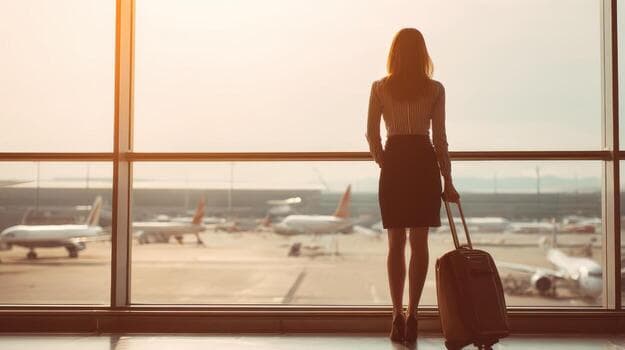 Traveler with luggage looking through an airport terminal window toward airplanes.