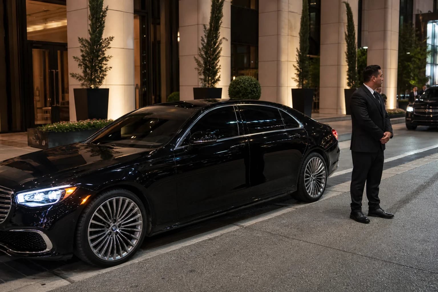 Black executive sedan waiting curbside with a professional chauffeur.