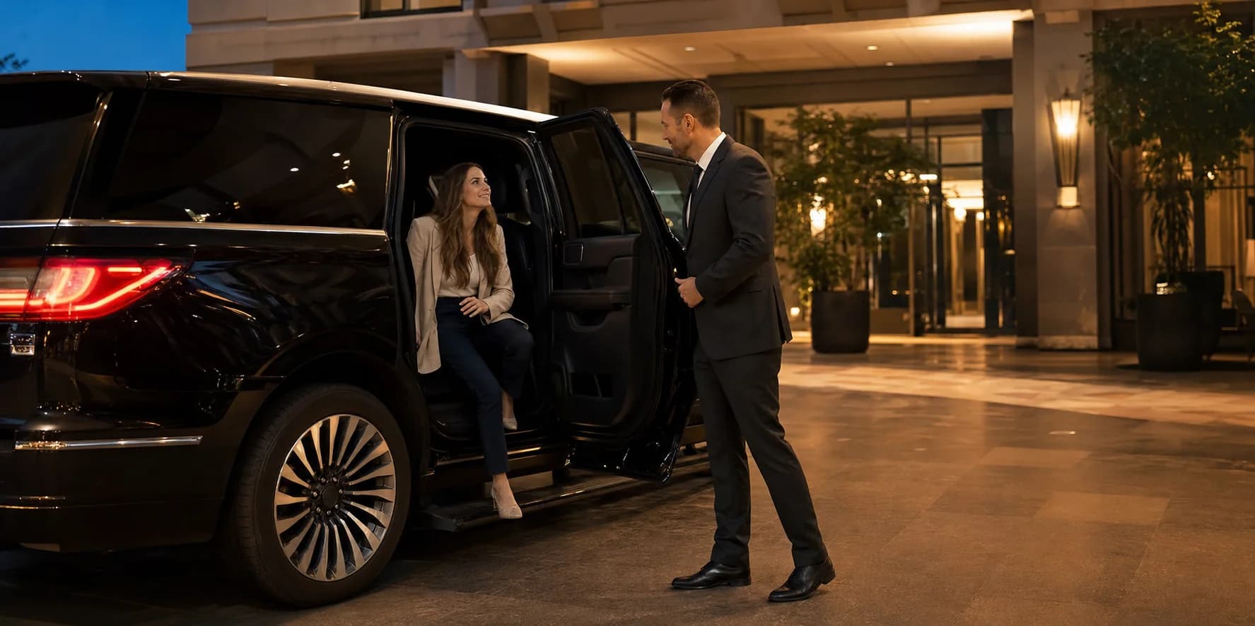 Professional chauffeur opening a black luxury SUV door for a private pickup.